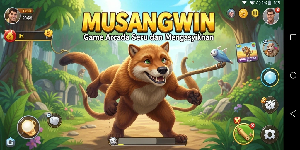 Tangkapan layar utama MUSANGWIN menampilkan aksi seru gameplay Arcade.