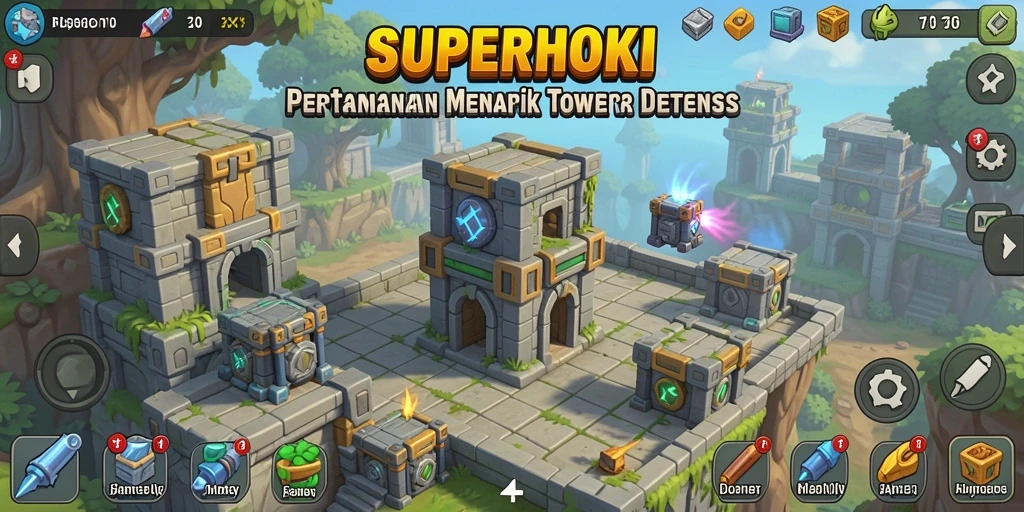 Gameplay seru dalam SUPERHOKI dengan menara dan musuh yang menarik.